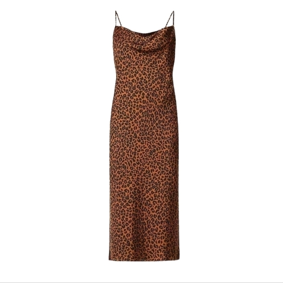 Good American Brown Black Chai Leopard Satin Midi Slip Dress woven Intimate - Picture 2 of 16